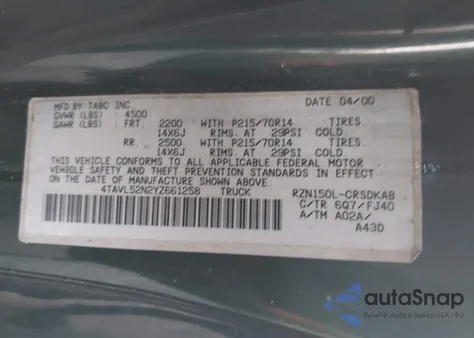 2000 Toyota Tacoma из США, поврежденный, VIN 4TAVL52N2YZ661258